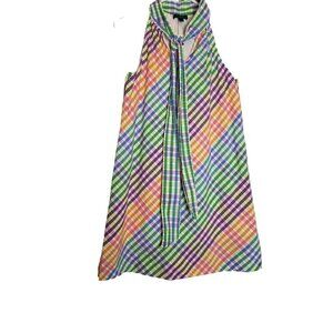 J Crew Tie-Neck Dress in Rainbow Gingham Sz 8P Multi Color petite  cotton‎